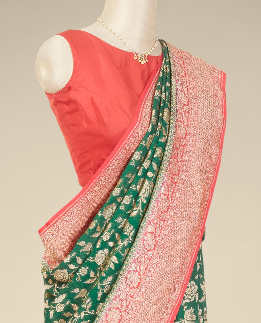 Green floral jacquard banaras georgette saree with contrast intricate zari design border