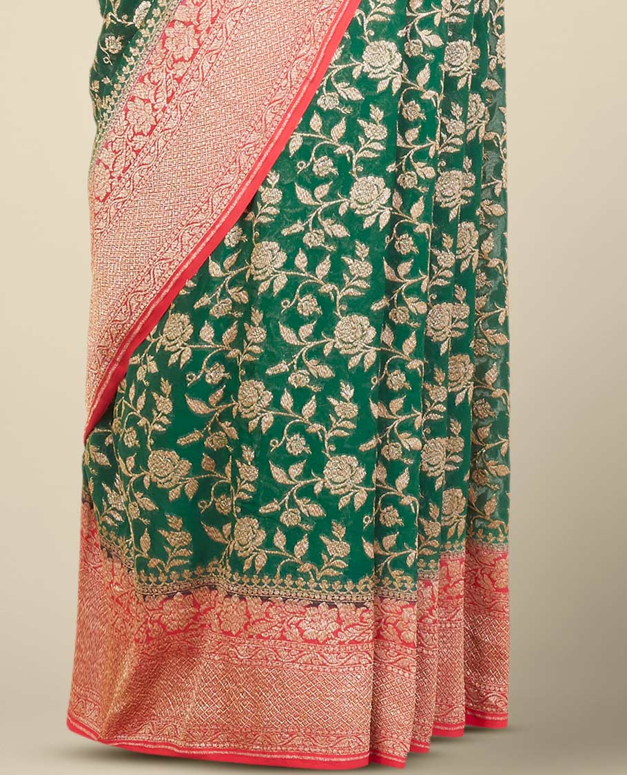 Green floral jacquard banaras georgette saree with contrast intricate zari design border