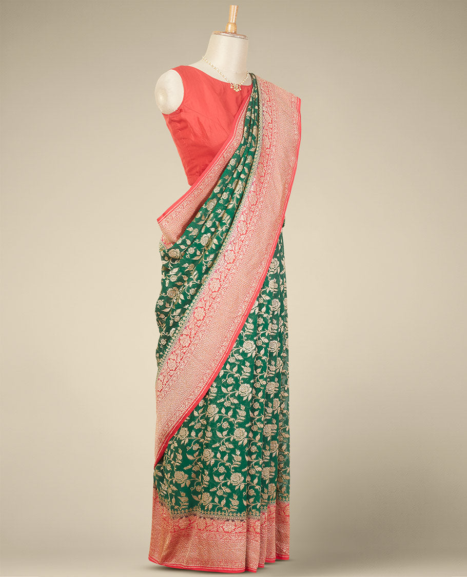 Green floral jacquard banaras georgette saree with contrast intricate zari design border