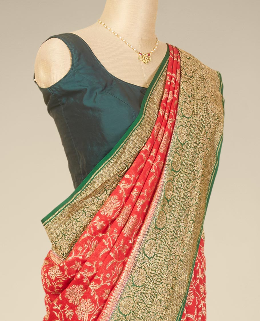 Red floral jaal design banaras georgette saree contrast intricate zari design border