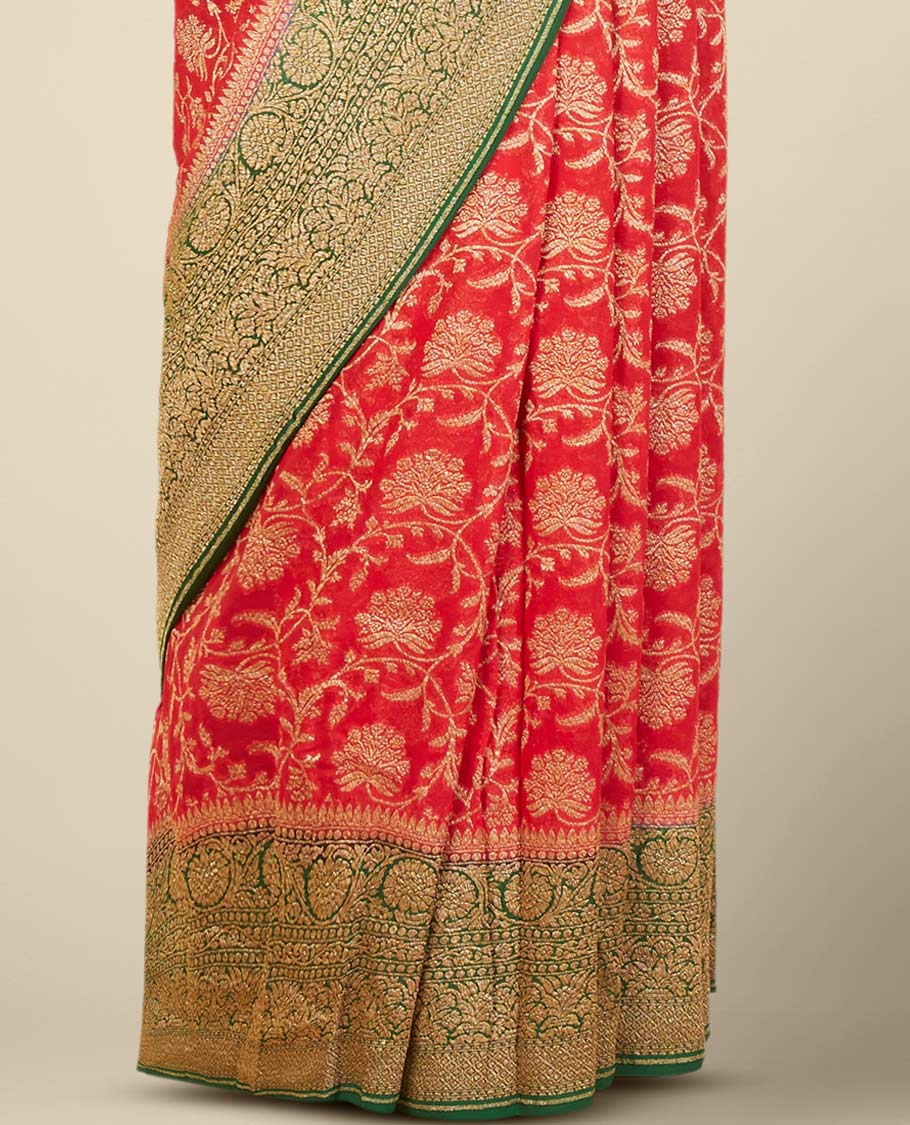 Red floral jaal design banaras georgette saree contrast intricate zari design border