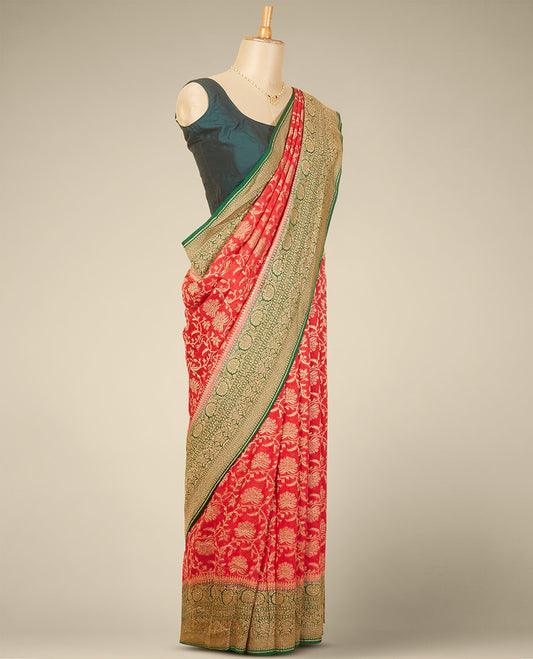 Red floral jaal design banaras georgette saree contrast intricate zari design border