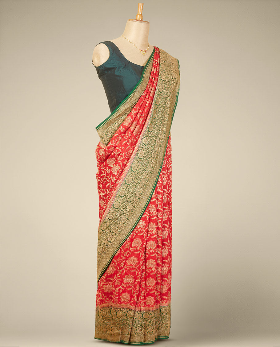 Red floral jaal design banaras georgette saree contrast intricate zari design border