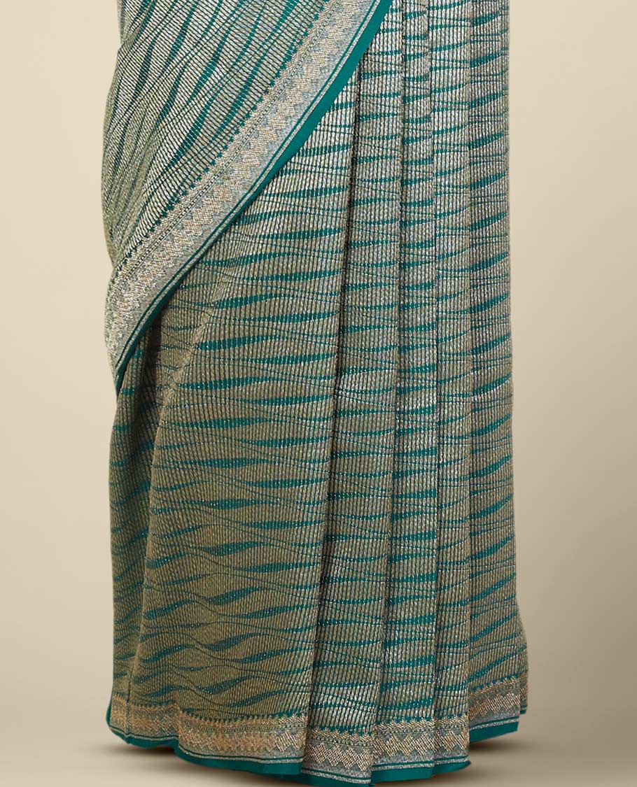 Green geometric design crepe saree with self zari design border