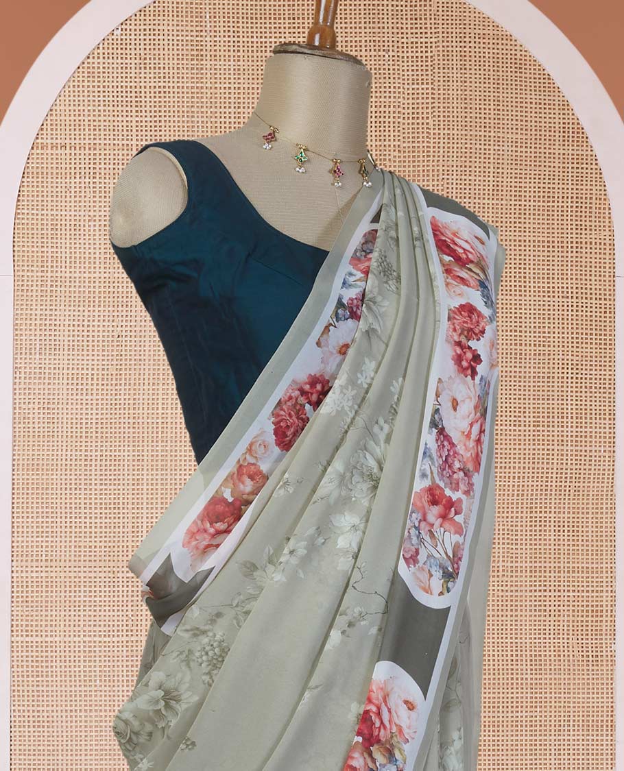 Green floral digital printed pure georgette saree highlighted with contrast colorful floral printed border