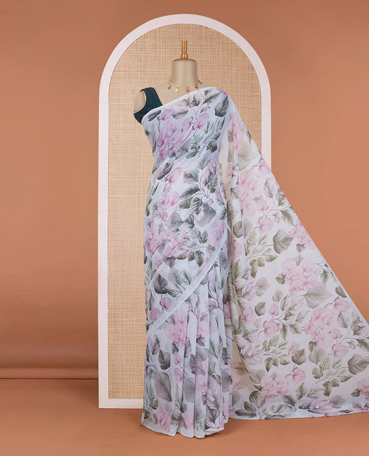 Borderless off-white all-over floral & leaf motifs digital printed pure chiffon saree