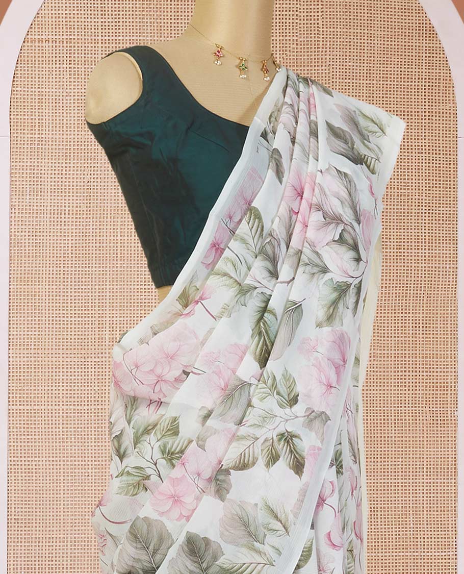 Borderless off-white all-over floral & leaf motifs digital printed pure chiffon saree