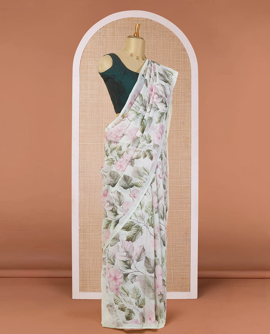 Borderless off-white all-over floral & leaf motifs digital printed pure chiffon saree