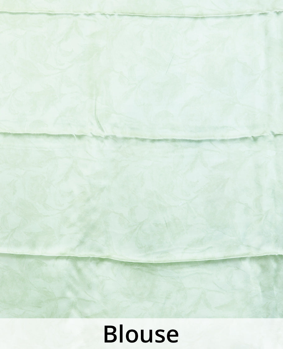 Borderless pistachio green tropical floral-theme digital printed pure satin silk saree, negative-style floral printed blouse