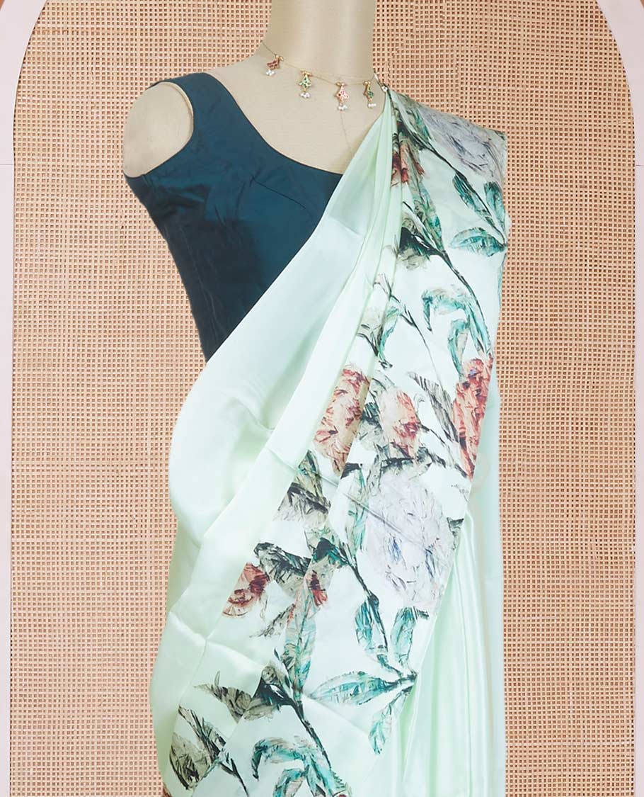 Borderless pistachio green tropical floral-theme digital printed pure satin silk saree, negative-style floral printed blouse
