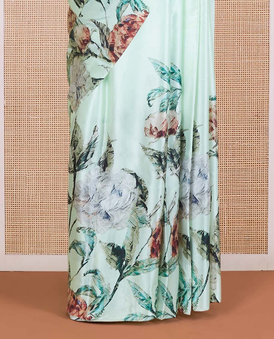Borderless pistachio green tropical floral-theme digital printed pure satin silk saree, negative-style floral printed blouse