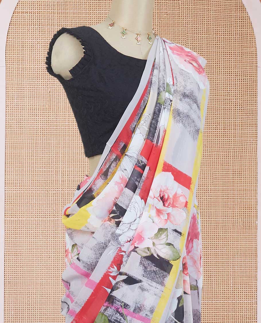 Borderless multi-color abstract-style floral digital printed pure georgette saree, floral printed blouse