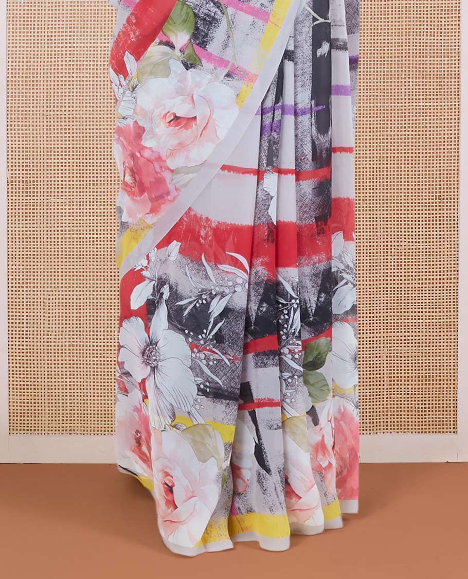 Borderless multi-color abstract-style floral digital printed pure georgette saree, floral printed blouse