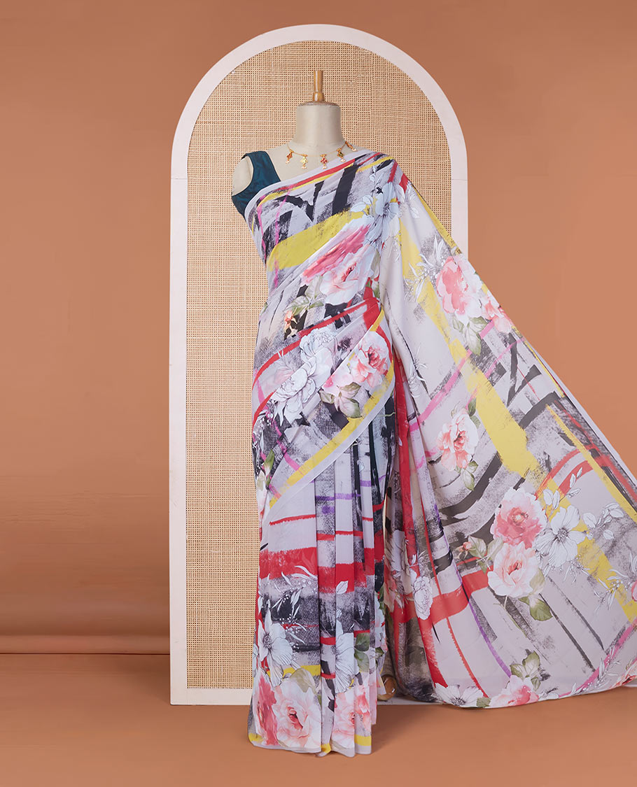 Borderless multi-color abstract-style floral digital printed pure georgette saree, floral printed blouse