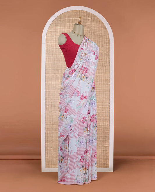 Borderless pink horizontal striped & colorful floral printed pure crepe saree with self-floral printed blouse