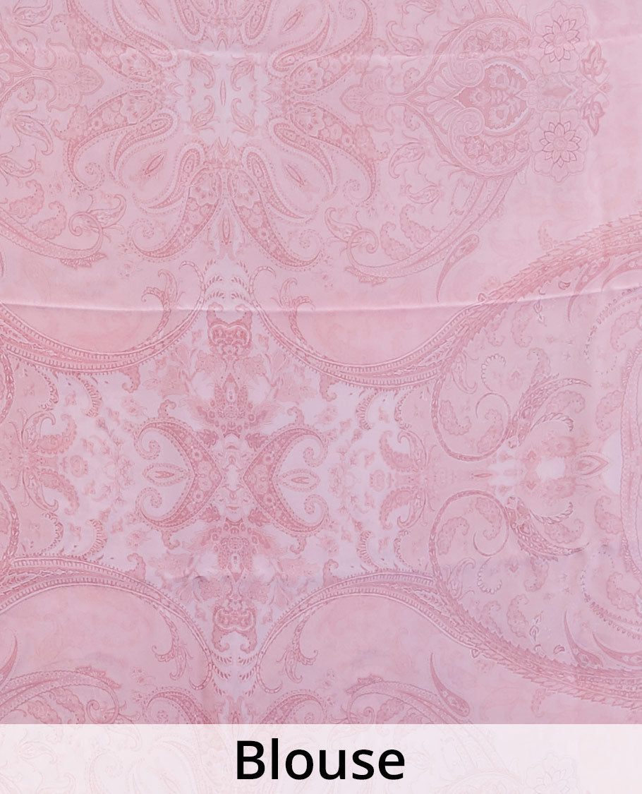 Borderless pink Mughal-style intricate motifs printed pure crepe saree