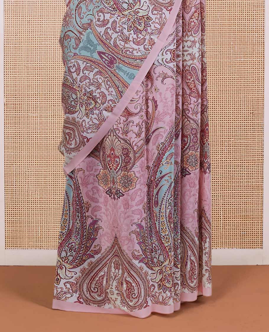 Borderless pink Mughal-style intricate motifs printed pure crepe saree