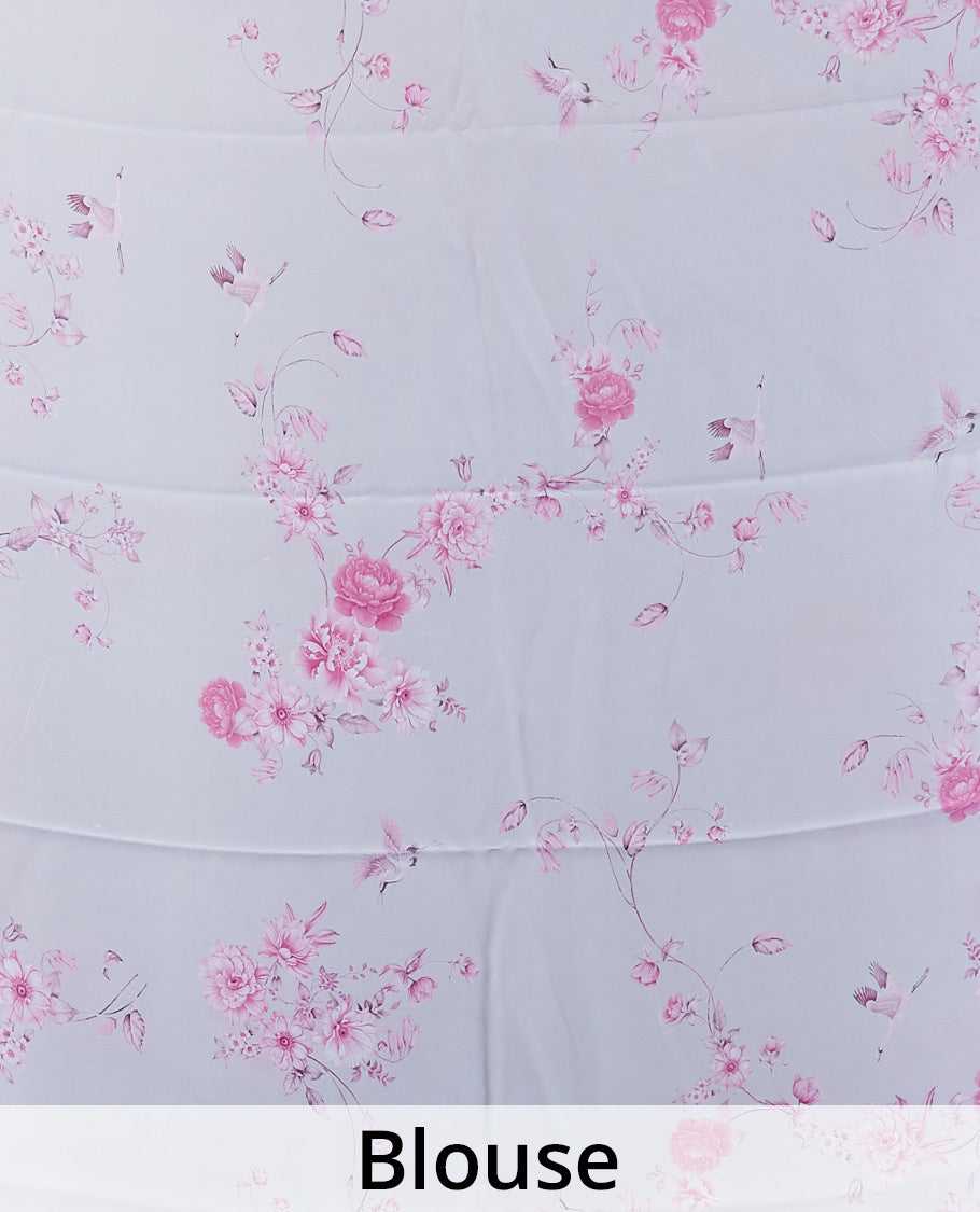 Grey floral & bird motifs digital printed pure crepe saree with slanting stripes printed border