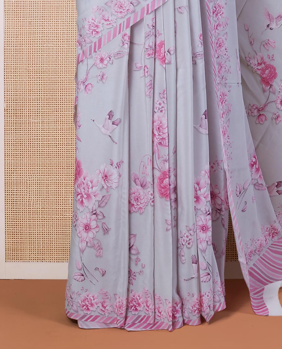 Grey floral & bird motifs digital printed pure crepe saree with slanting stripes printed border