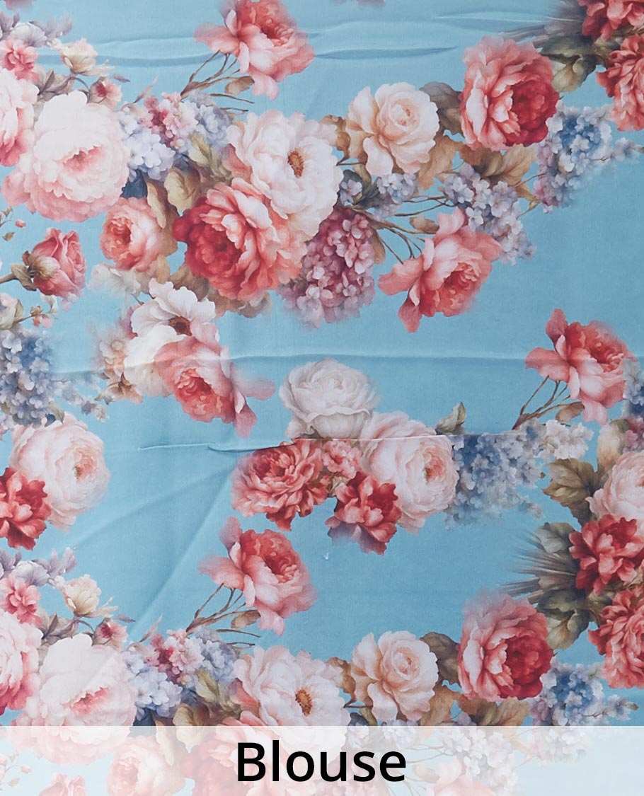 Blue floral motifs digitally printed pure chiffon saree with contrast floral printed patch border & zari striped pallu