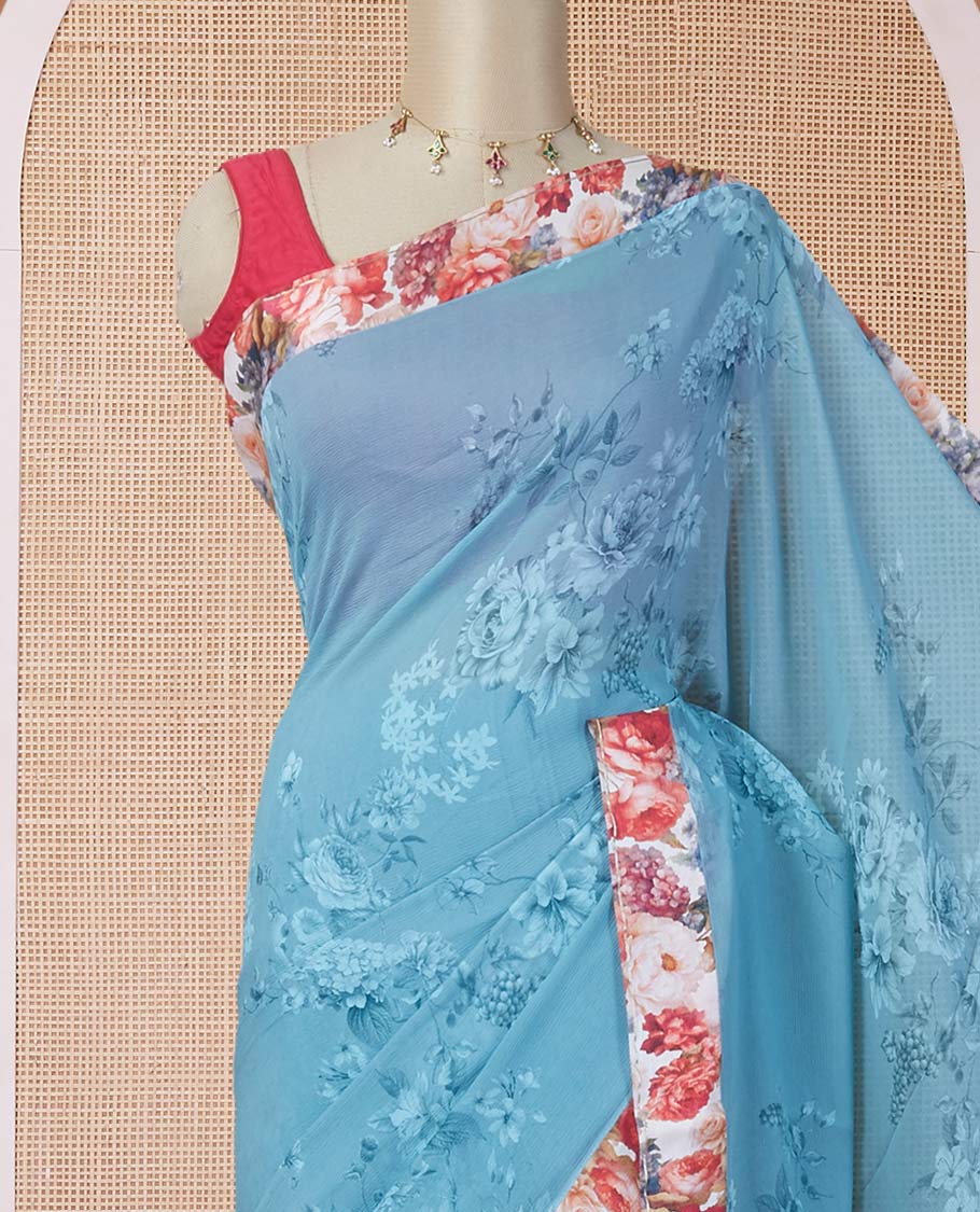 Blue floral motifs digitally printed pure chiffon saree with contrast floral printed patch border & zari striped pallu