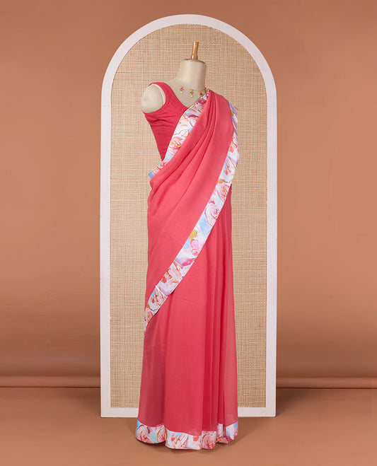 Red plain pure chiffon saree with a contrast abstract-style colors printed patch border & zari striped pallu