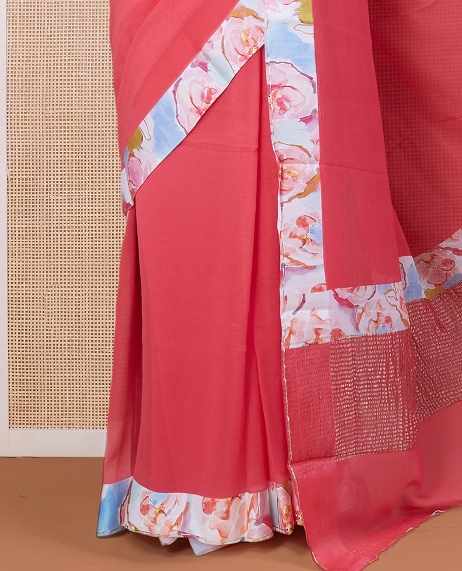 Red plain pure chiffon saree with a contrast abstract-style colors printed patch border & zari striped pallu