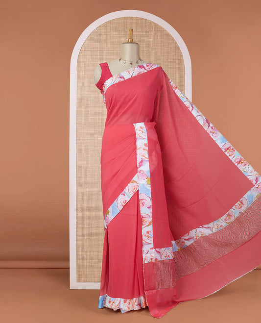 Red plain pure chiffon saree with a contrast abstract-style colors printed patch border & zari striped pallu