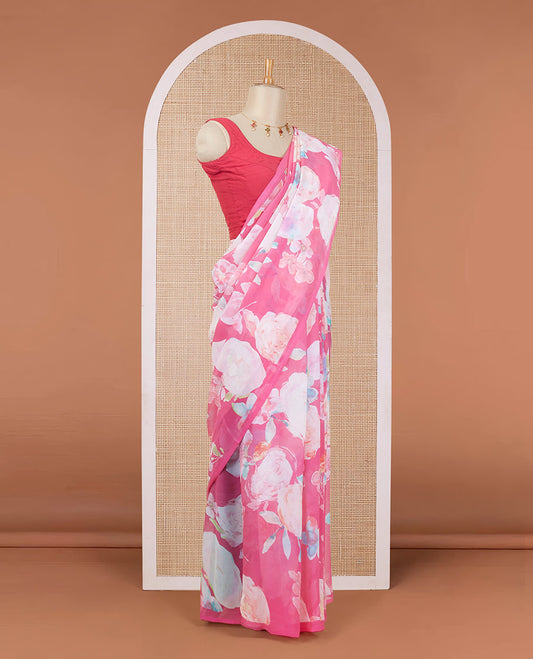 Borderless pink floral motifs digital printed pure chiffon saree with a matching plain blouse