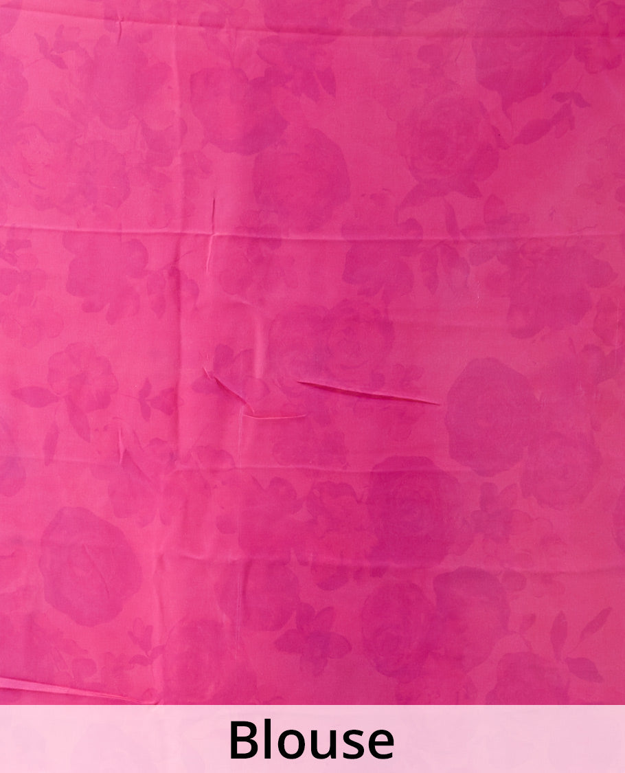 Borderless pink floral motifs digital printed pure chiffon saree with a matching plain blouse
