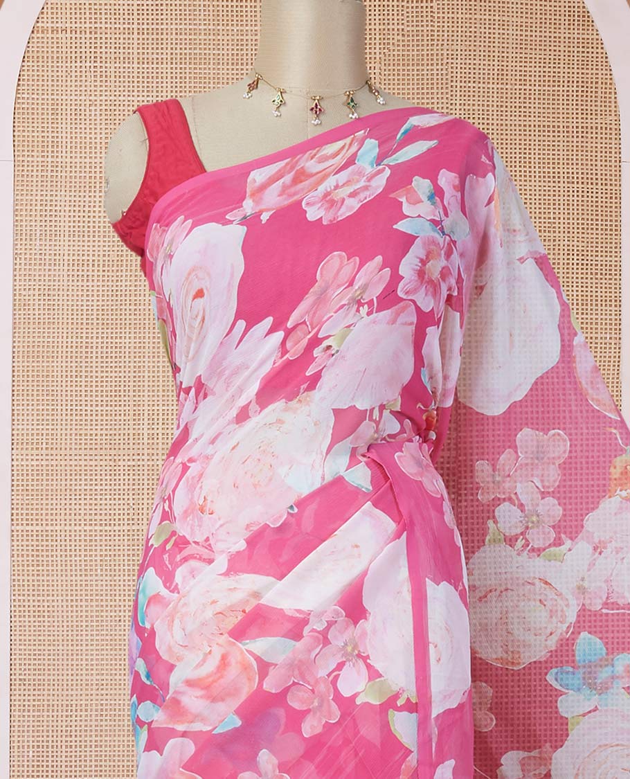 Borderless pink floral motifs digital printed pure chiffon saree with a matching plain blouse