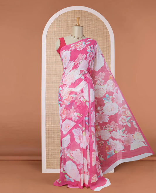 Borderless pink floral motifs digital printed pure chiffon saree with a matching plain blouse