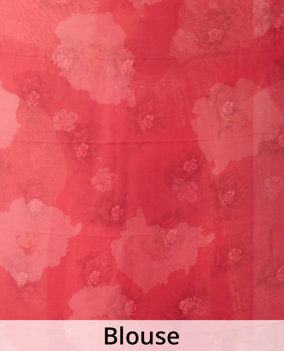 Borderless red floral motifs digital printed pure satin silk saree, matching floral printed blosue
