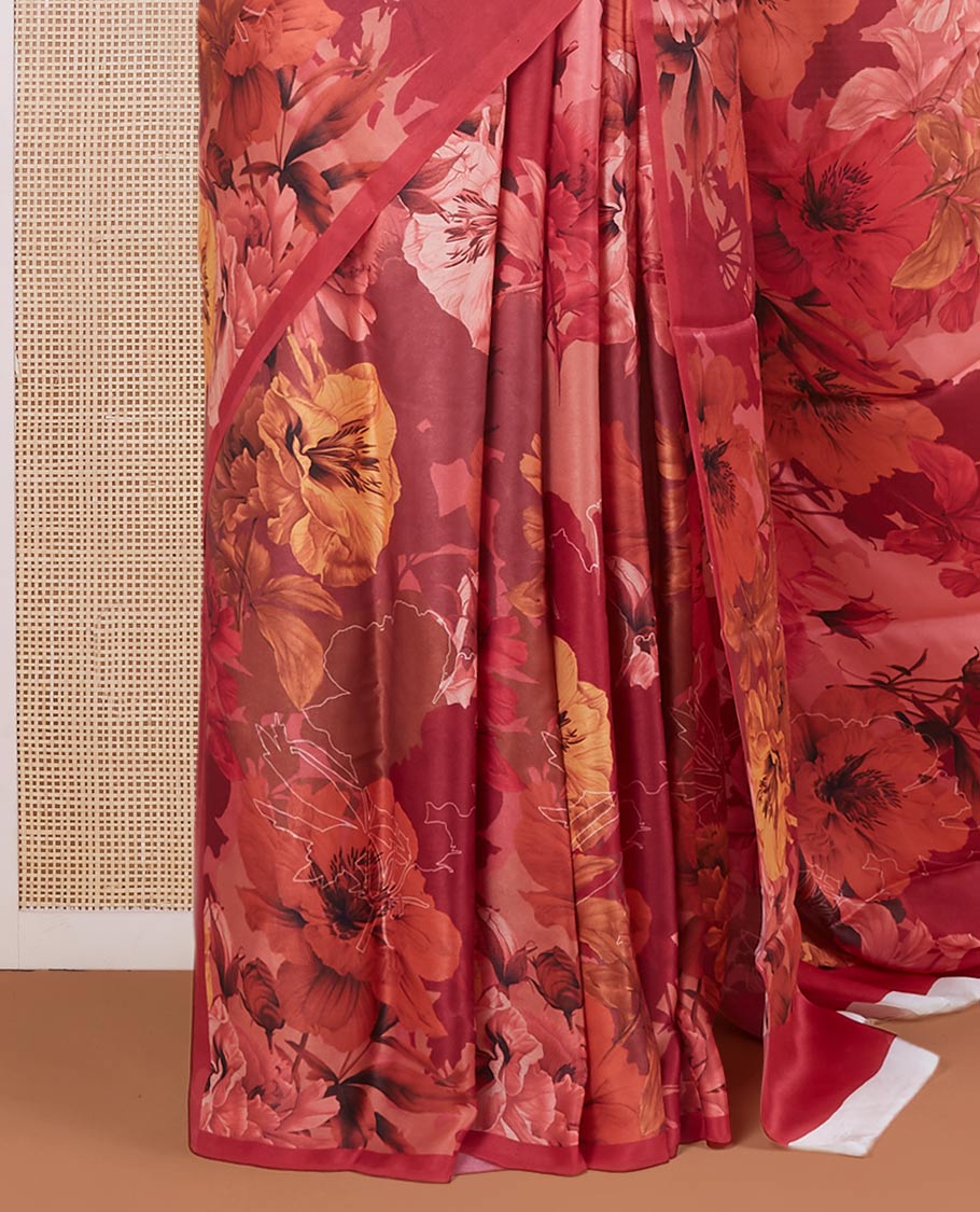 Borderless red floral motifs digital printed pure satin silk saree, matching floral printed blosue