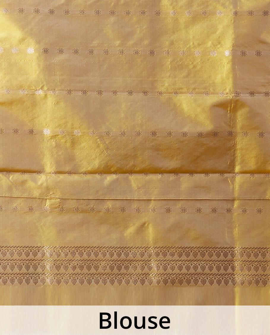 Borderless yellow katan silk saree with pichwai under a tree motifs in zari, pallu of mughal-style & dobble-style motifs