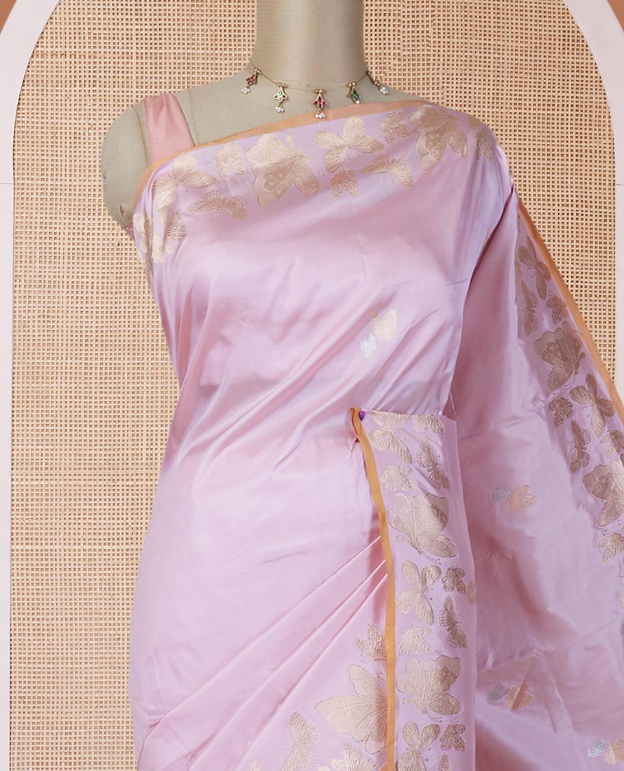 Pink zari buttas katan silk saree, zari border & pallu steeped with delicately woven butterfly motifs