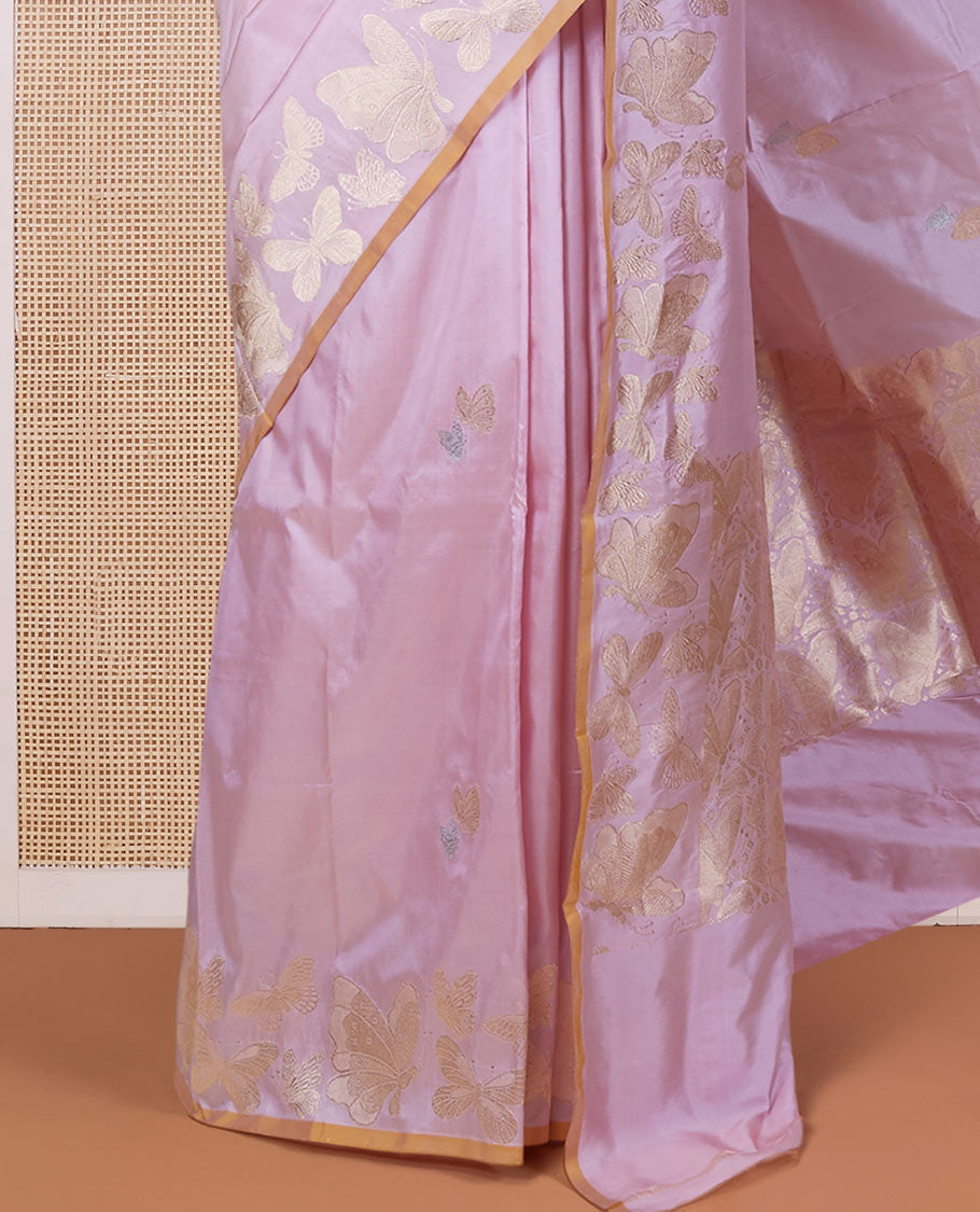 Pink zari buttas katan silk saree, zari border & pallu steeped with delicately woven butterfly motifs