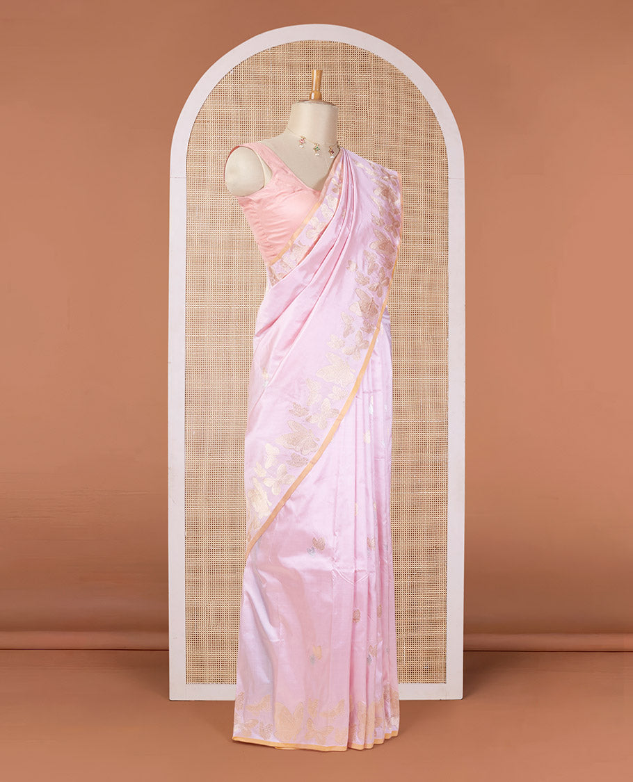 Pink zari buttas katan silk saree, zari border & pallu steeped with delicately woven butterfly motifs