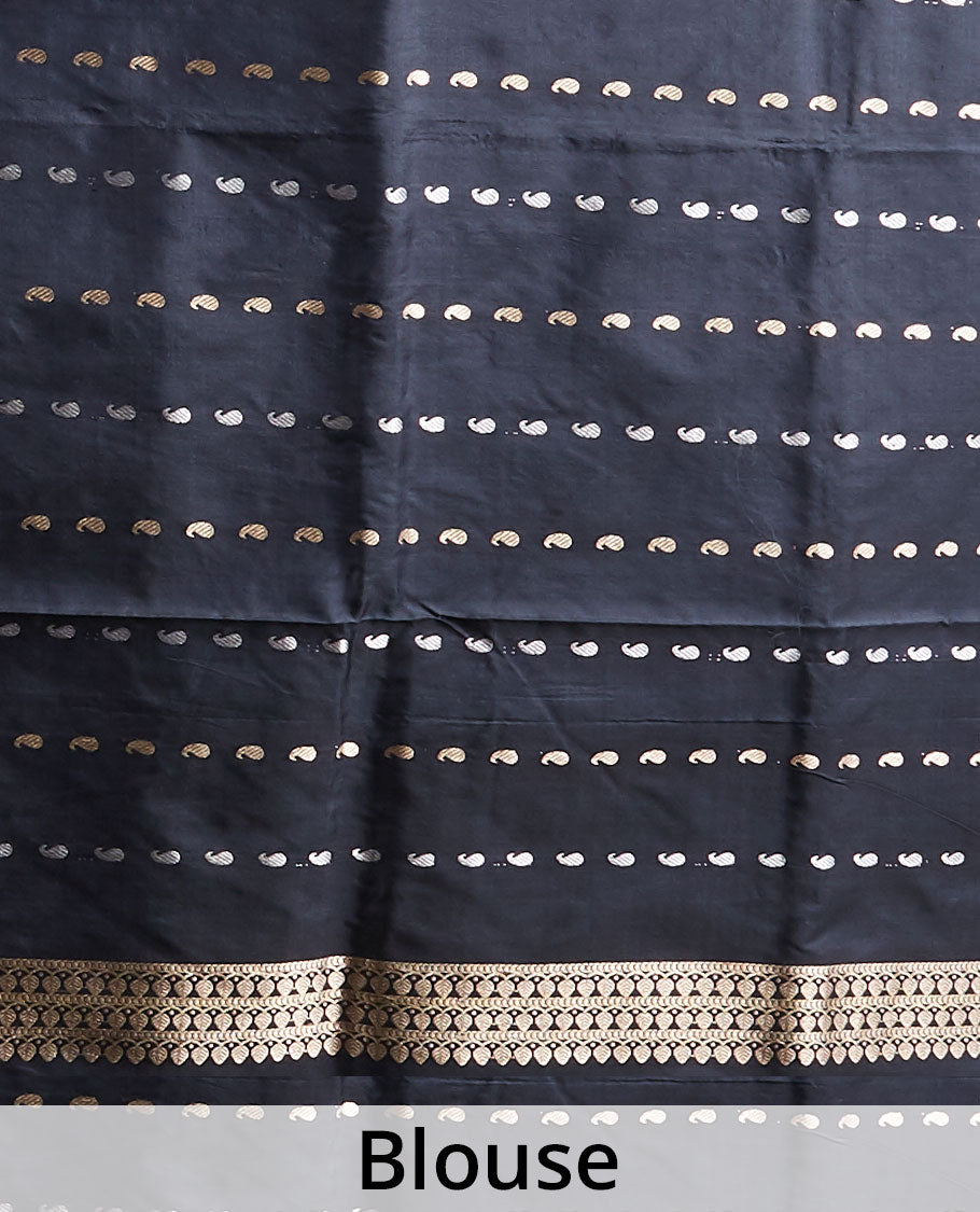 Borderless black katan silk saree with peacock motifs, self-pallu steeped with meenakari peacock motifs