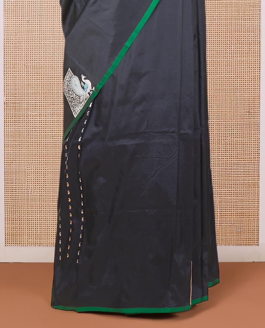 Borderless black katan silk saree with peacock motifs, self-pallu steeped with meenakari peacock motifs