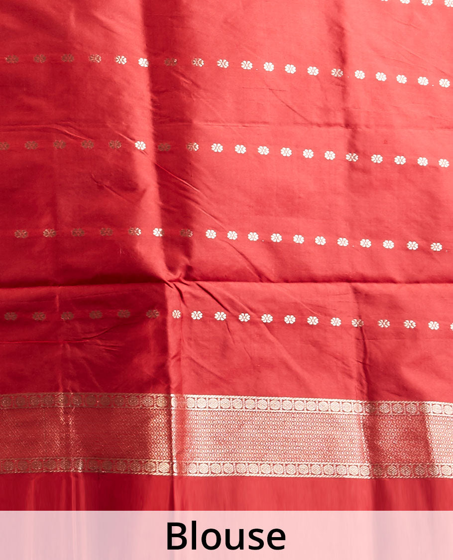 Purple katan silk saree with zari buttas, contrast border & zari-rich pallu adorned with Mughal-theme buildings