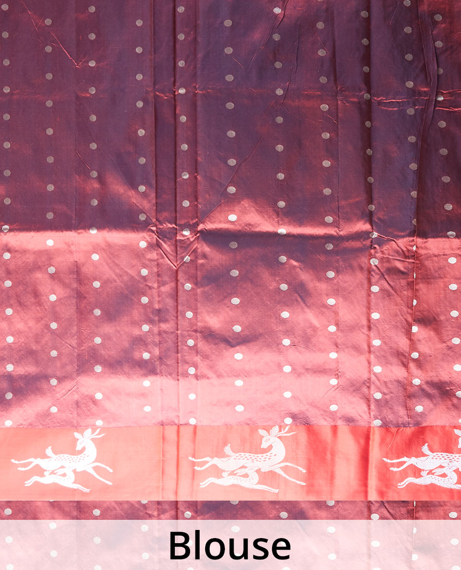 Green zari deer motifs katan silk saree, contrast deer design zari border & scallop design pallu