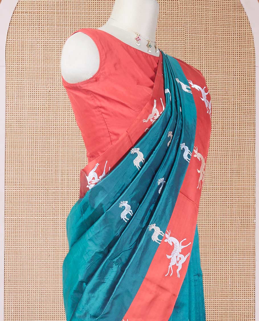 Green zari deer motifs katan silk saree, contrast deer design zari border & scallop design pallu