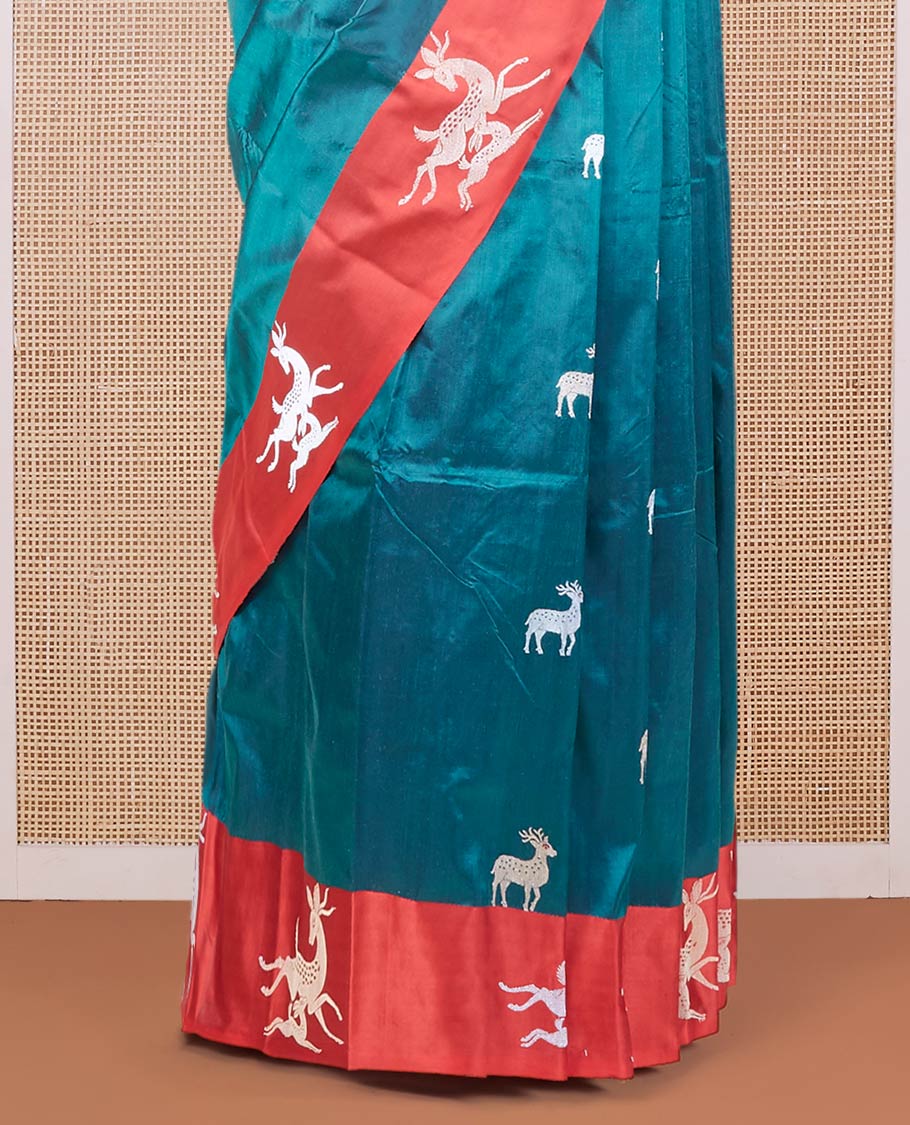 Green zari deer motifs katan silk saree, contrast deer design zari border & scallop design pallu