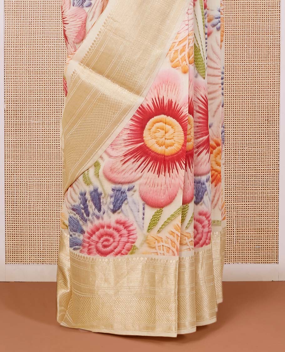 Cream base chiniya silk saree with multi-color, uniquely-shaped floral prints, traditional zari design border