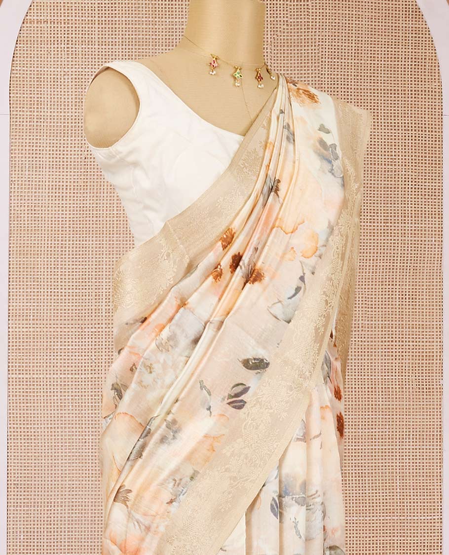 Cream floral motifs digitally printed chiniya silk saree, zari floral designs border & zari pallu