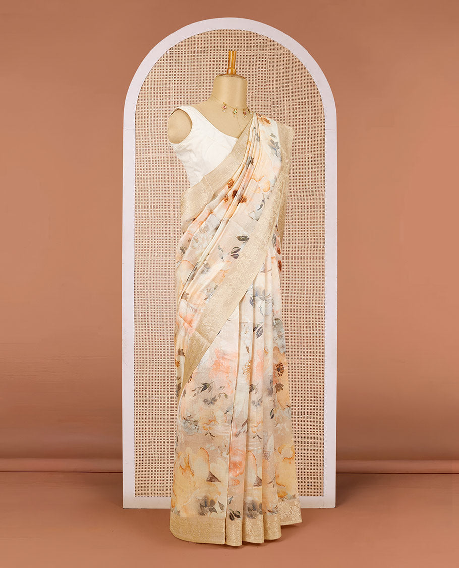 Cream floral motifs digitally printed chiniya silk saree, zari floral designs border & zari pallu