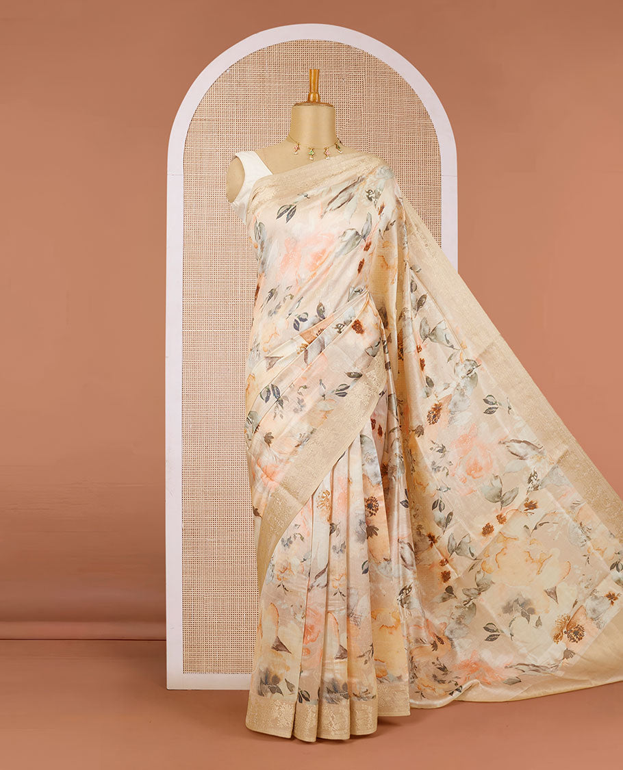 Cream floral motifs digitally printed chiniya silk saree, zari floral designs border & zari pallu