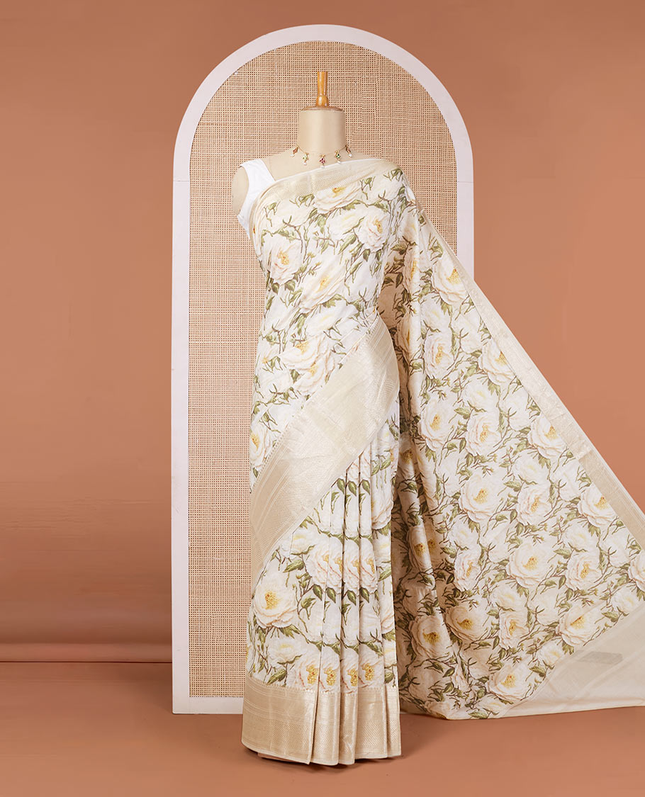 Cream floral printed chiniya silk saree, traditional zari border & zari-rich pallu