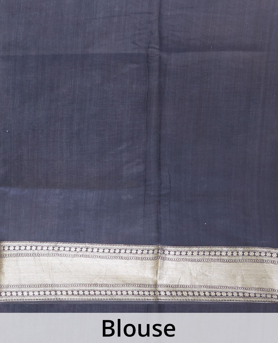 Black printed chiniya silk saree with colorful floral motifs, traditional zari design border